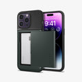 ACS04837 - iPhone 14 Pro Max Case Slim Armor CS in abyss green showing the back and front with card in slot