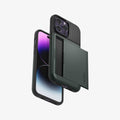 ACS04837 - iPhone 14 Pro Max Case Slim Armor CS in abyss green showing the back, bottom, sides and front with card slot open