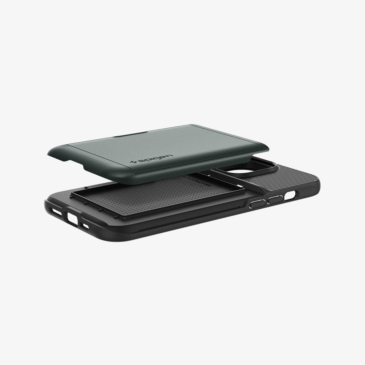 ACS04837 - iPhone 14 Pro Max Case Slim Armor CS in abyss green showing the back and side with card slot slightly hovering above back of case