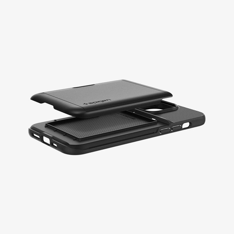 ACS04835 - iPhone 14 Pro Max Case Slim Armor CS in black showing the back and side with card slot slightly hovering above back of case