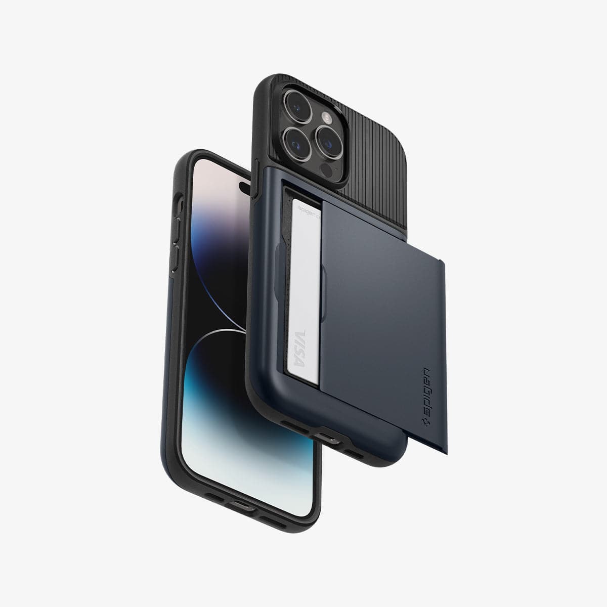 ACS04838 - iPhone 14 Pro Max Case Slim Armor CS in metal slate showing the back, bottom, sides and front with card in slot