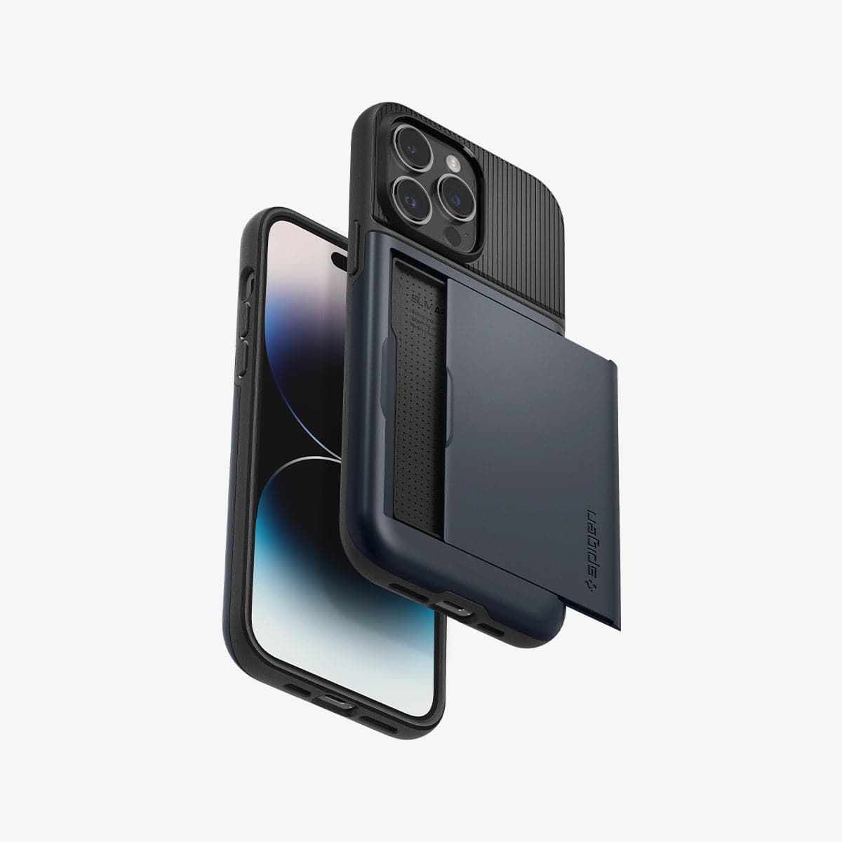 ACS04838 - iPhone 14 Pro Max Case Slim Armor CS in metal slate showing the back, bottom, sides and front with card slot open
