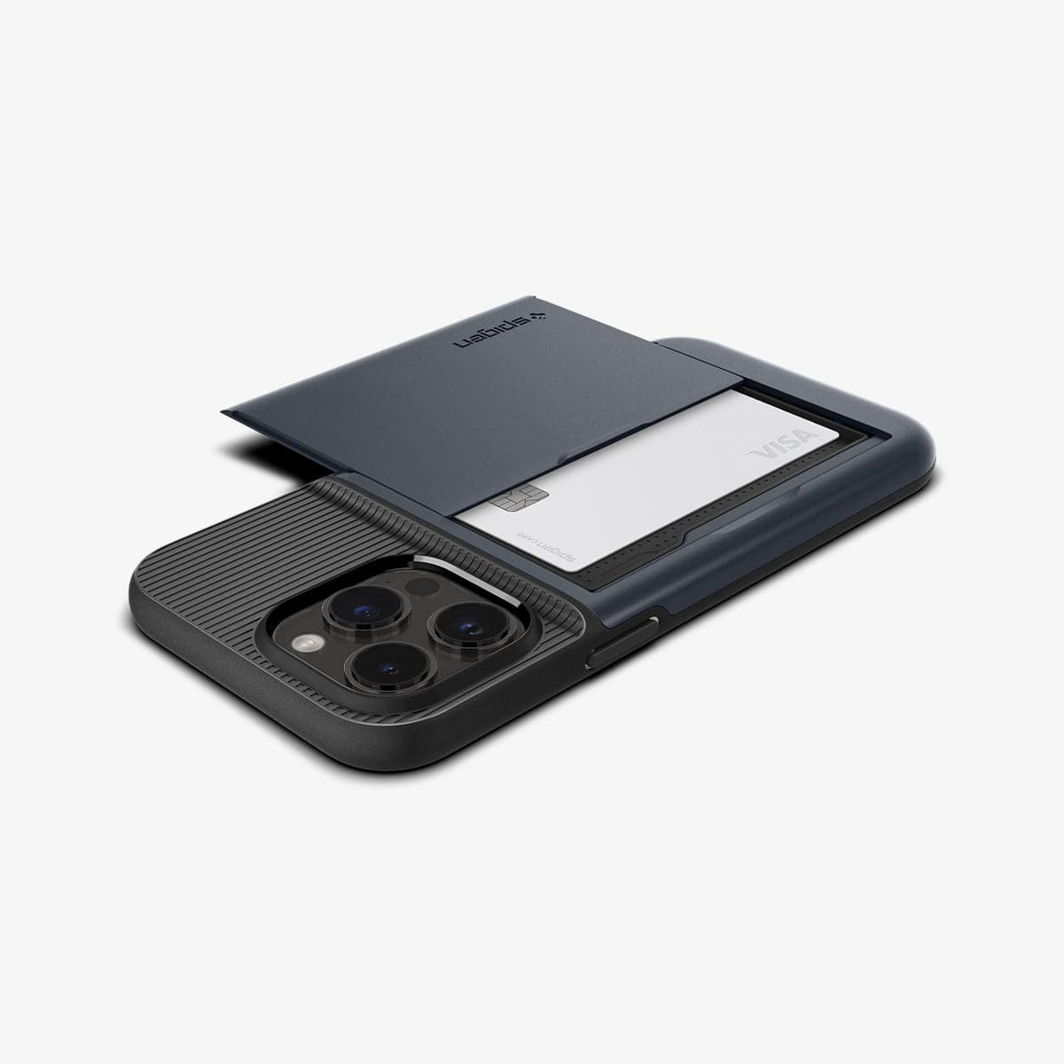 ACS04838 - iPhone 14 Pro Max Case Slim Armor CS in metal slate showing the back and side with card in slot and device laying flat