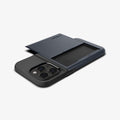 ACS04838 - iPhone 14 Pro Max Case Slim Armor CS in metal slate showing the back and side with card slot open and device laying flat