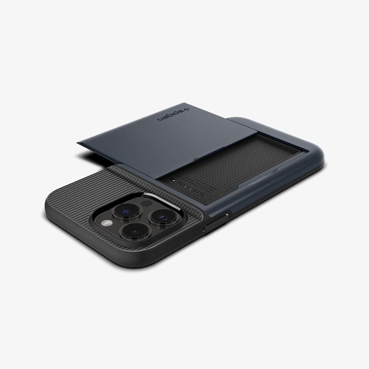 ACS04838 - iPhone 14 Pro Max Case Slim Armor CS in metal slate showing the back and side with card slot open and device laying flat
