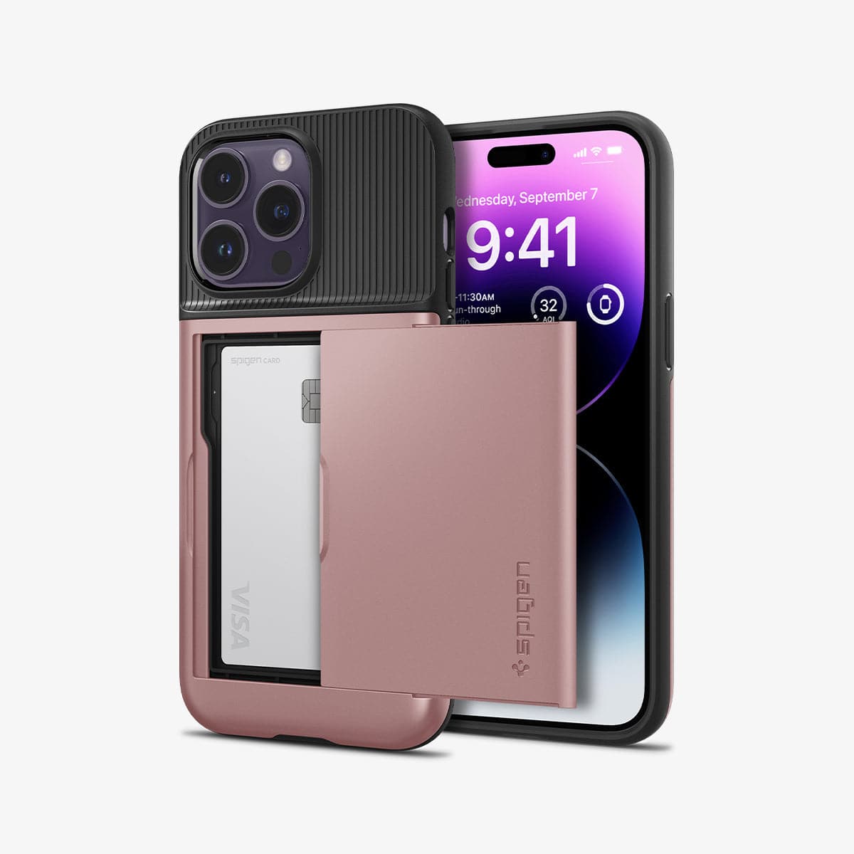 ACS04836 - iPhone 14 Pro Max Case Slim Armor CS in rose gold showing the back and front with card in slot