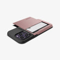 ACS04836 - iPhone 14 Pro Max Case Slim Armor CS in rose gold showing the back and side with card in slot and device laying flat