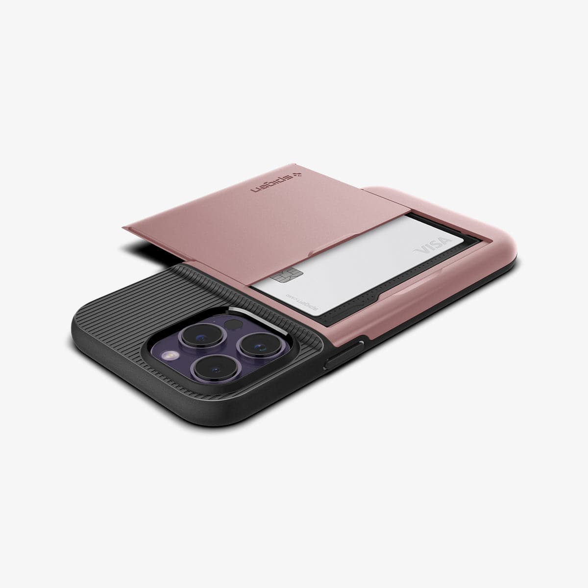 ACS04836 - iPhone 14 Pro Max Case Slim Armor CS in rose gold showing the back and side with card in slot and device laying flat