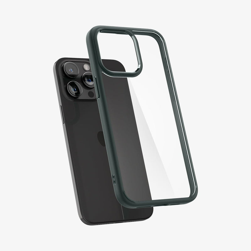 ACS06574 - iPhone 15 Pro Max Case Ultra Hybrid in abyss green showing the back with case hovering away from device