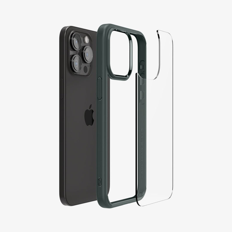 ACS06574 - iPhone 15 Pro Max Case Ultra Hybrid in abyss green showing the back with multiple layers of case hovering away from device