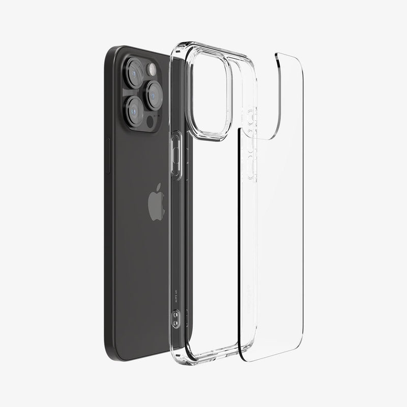 ACS06565 - iPhone 15 Pro Max Case Ultra Hybrid in crystal clear showing the back with multiple layers of case hovering away from device