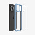 ACS06572 - iPhone 15 Pro Max Case Ultra Hybrid in sierra blue showing the back with multiple layers of case hovering away from device