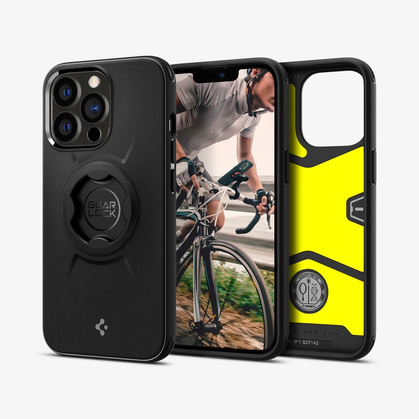 ACS03742 - iPhone 13 Pro Bike Mount Case + Gearlock MF100 showing the back, front and inside of case