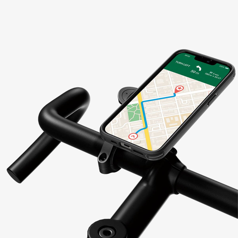 ACS03742 - iPhone 13 Pro Bike Mount Case + Gearlock MF100 showing the device mounted on to bike handle