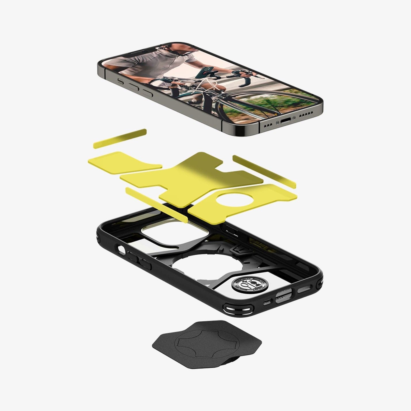 ACS03742 - iPhone 13 Pro Bike Mount Case + Gearlock MF100 showing the multiple layers of case below the device