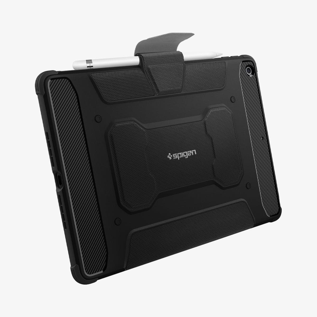 ACS01216 - iPad 10.2" Case Rugged Armor Pro in black showing the back and bottom with cover flap slightly open