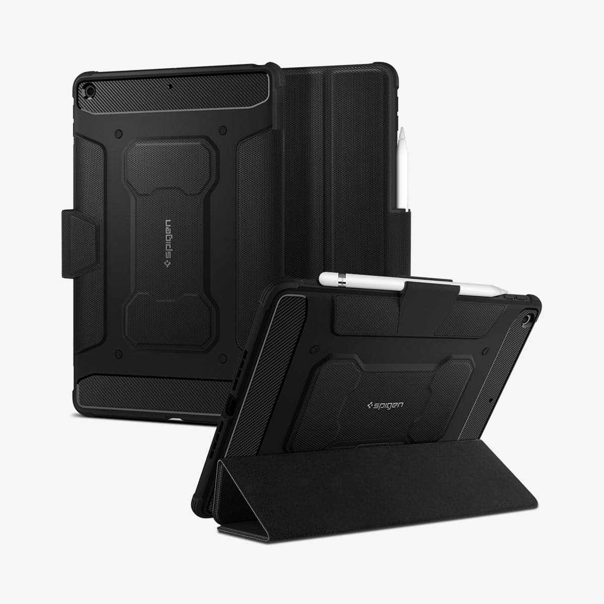 ACS01216 - iPad 10.2" Case Rugged Armor Pro in black showing the back, front and device propped up by built in kickstand