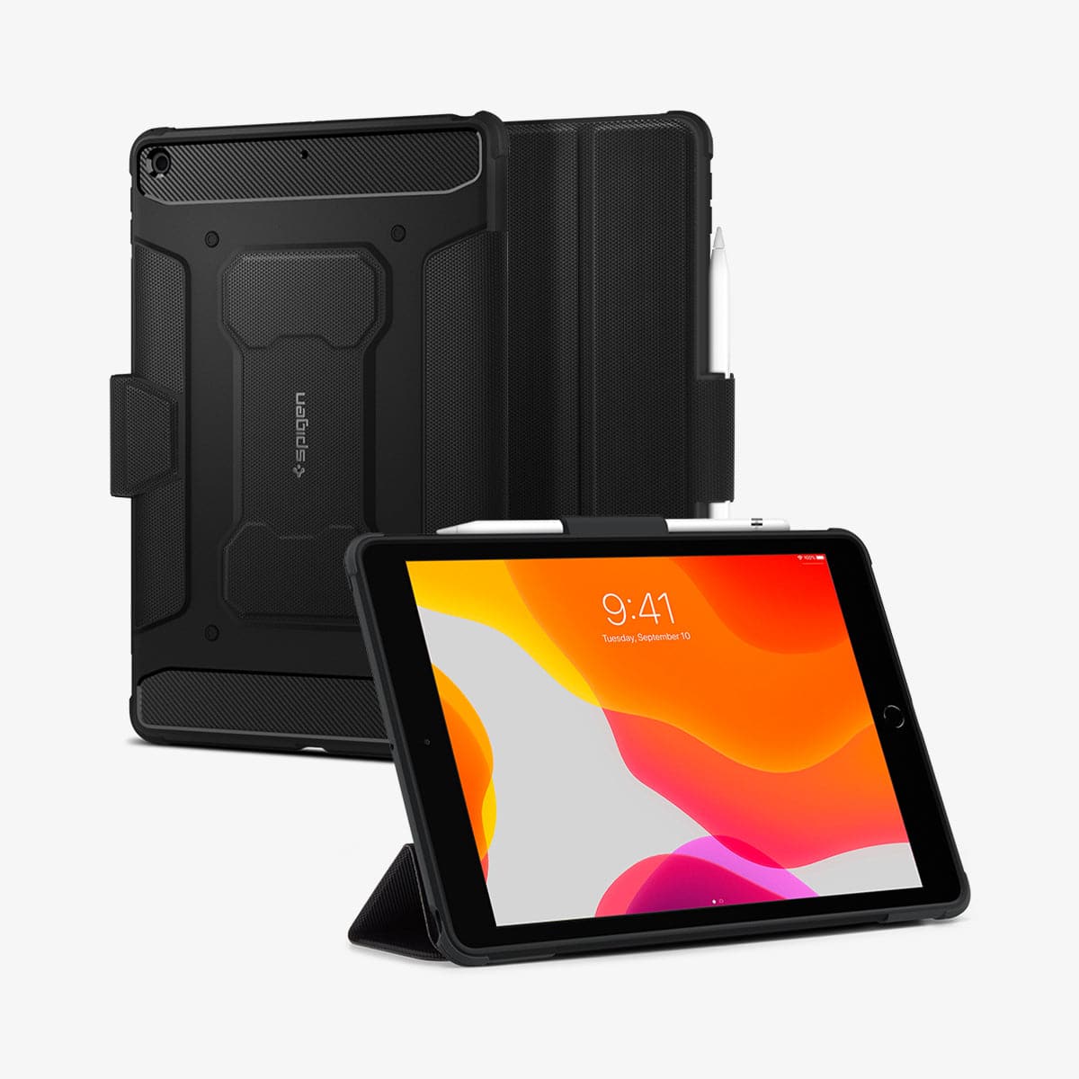 ACS01216 - iPad 10.2" Case Rugged Armor Pro in black showing the back, front and device propped up by built in kickstand