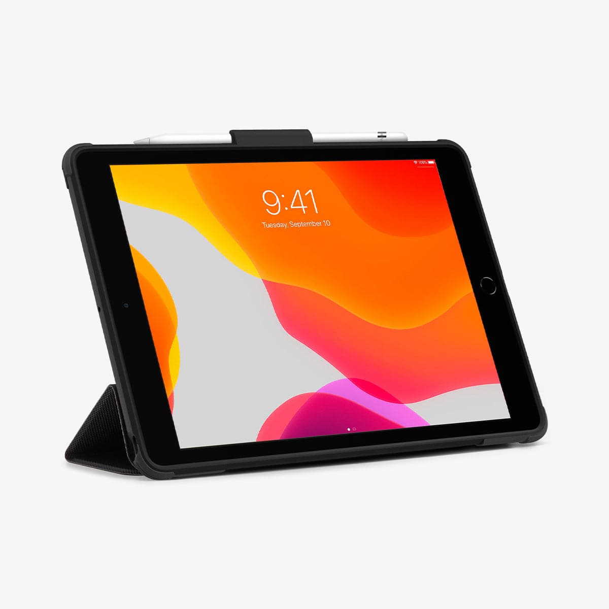 ACS01216 - iPad 10.2" Case Rugged Armor Pro in black showing the front with device propped up by built in kickstand