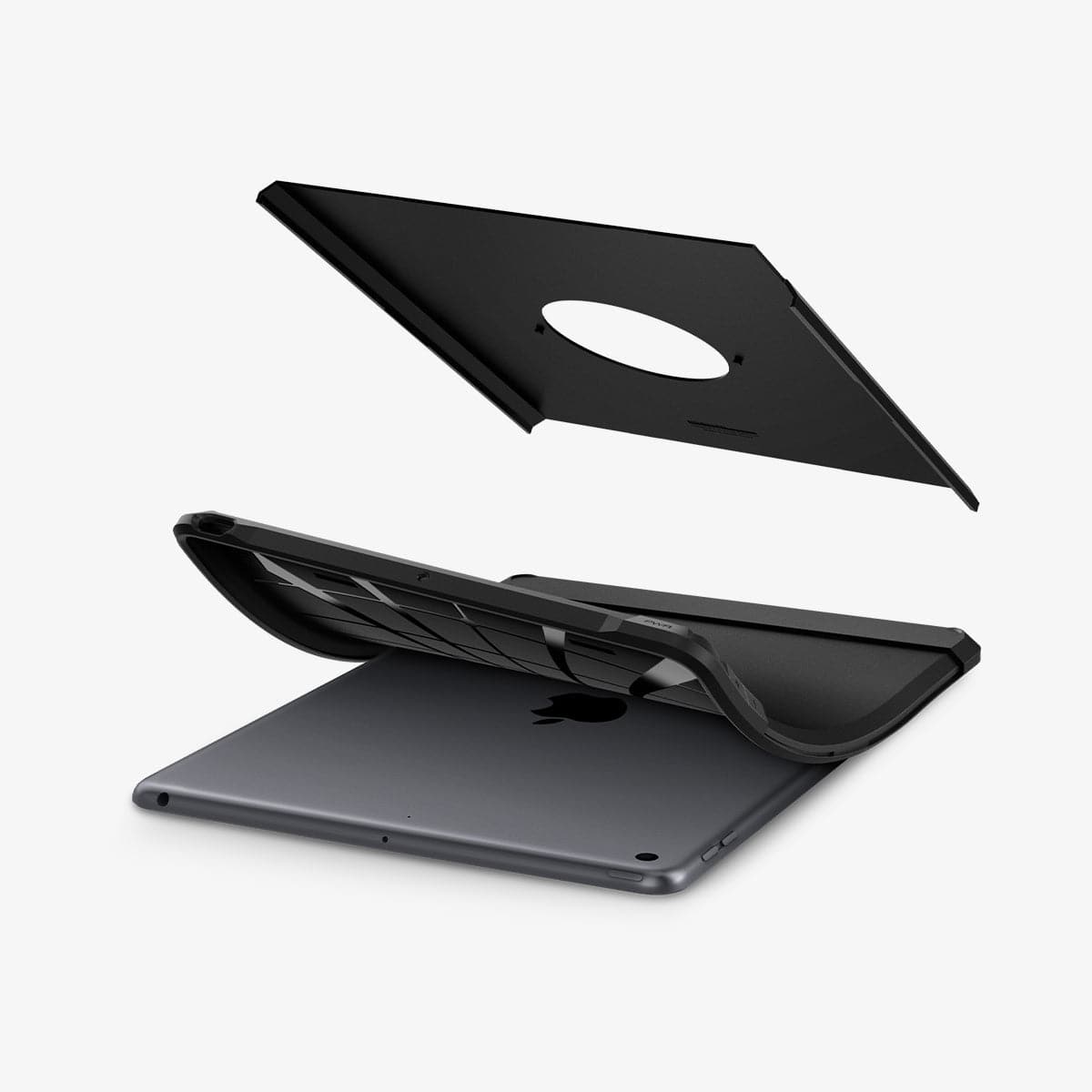 ACS00374 - iPad 10.2" Case Tough Armor in black showing the hard pc hovering above and the soft tpu bending away from device