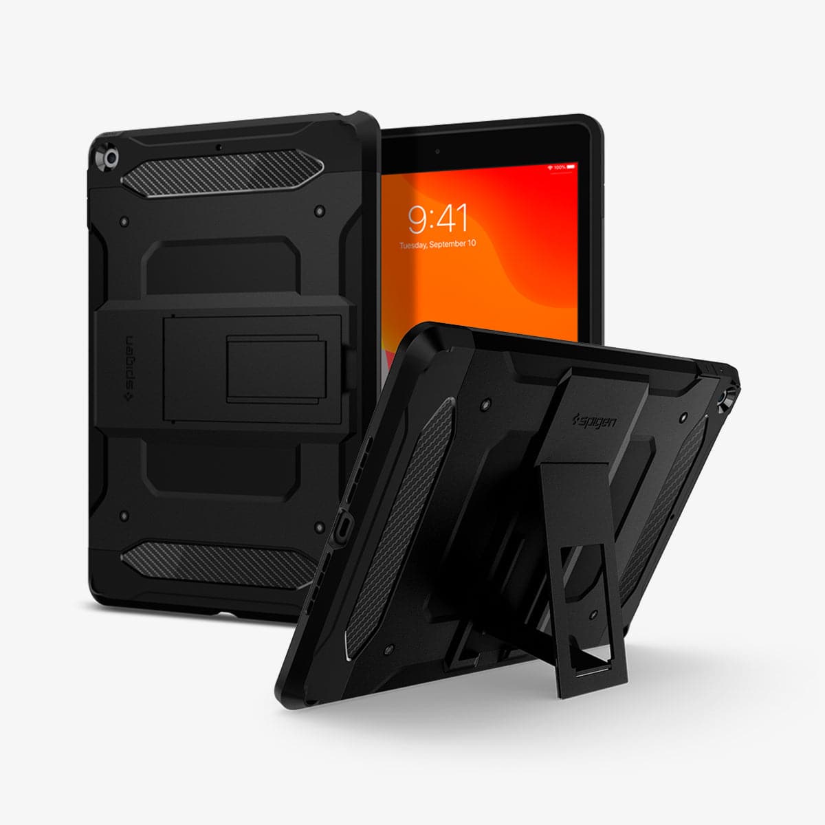 ACS00377 - iPad 10.2" Case Tough Armor Tech in black showing the back, front and device propped up by built in kickstand