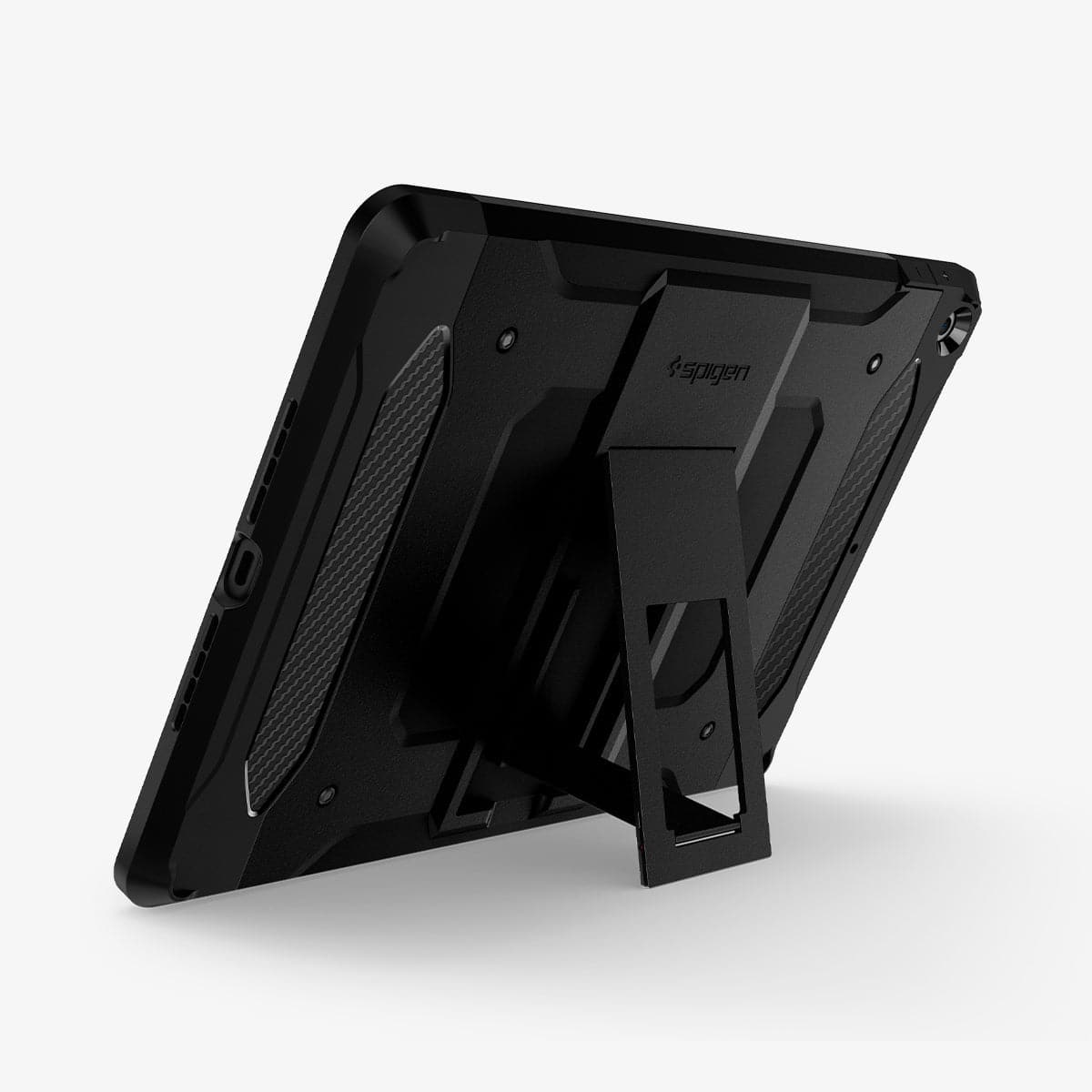ACS00377 - iPad 10.2" Case Tough Armor Tech in black showing the back with device propped up by built in kickstand