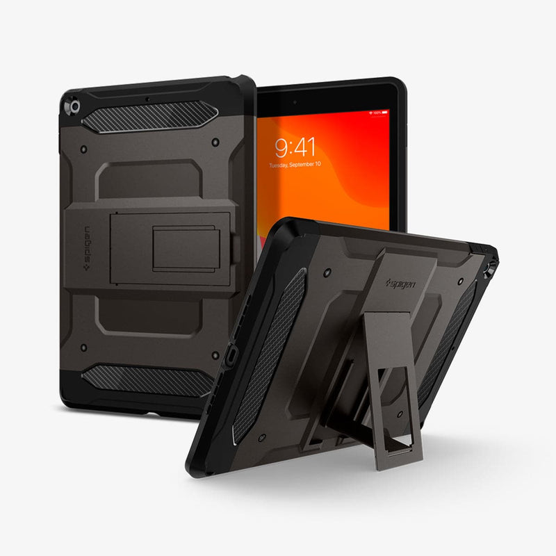ACS00378 - iPad 10.2" Case Tough Armor Tech in gunmetal showing the back, front and device propped up by built in kickstand