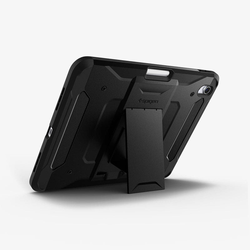 ACS05418 - iPad 10.9" Case Tough Armor Pro in black showing the back with device propped up by built in kickstand