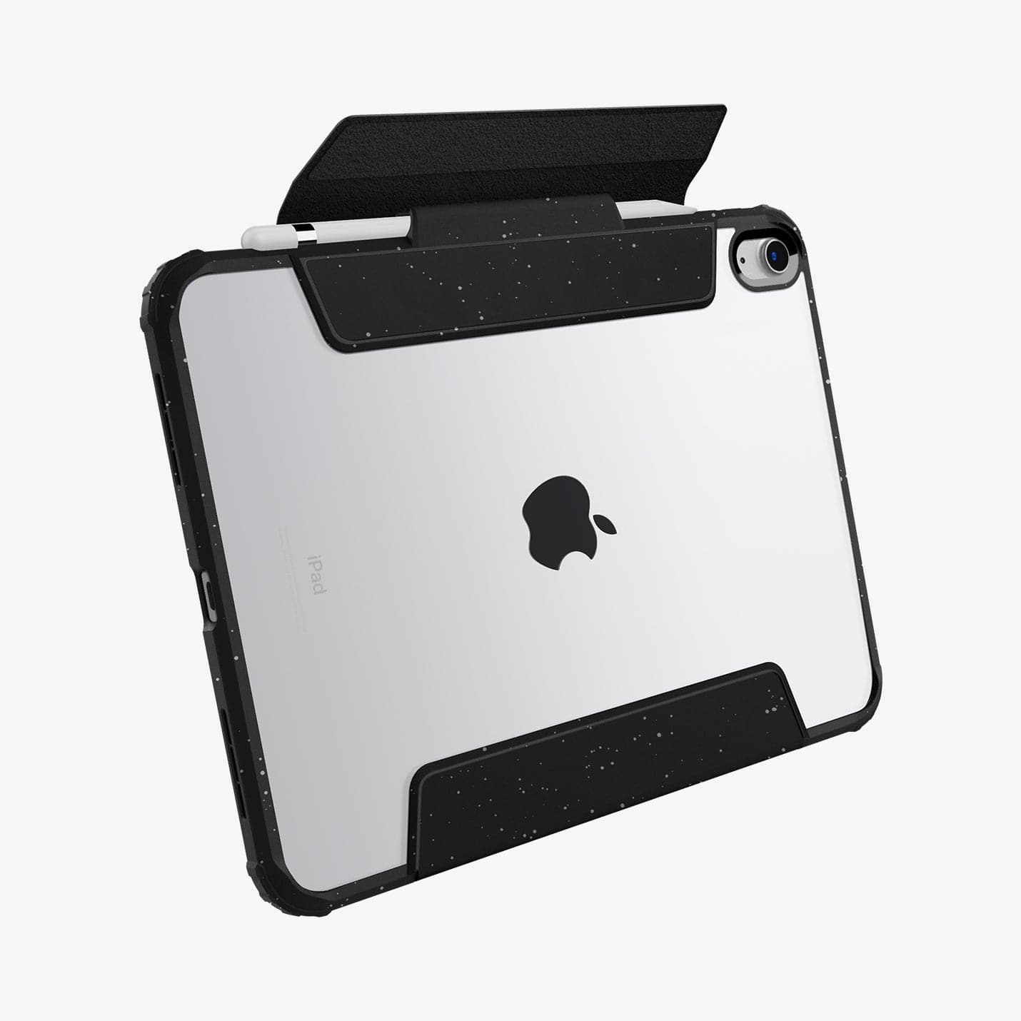 ACS05941 - iPad 10.9" Case Ultra Hybrid Pro in speckled black showing the back and bottom with cover flap open