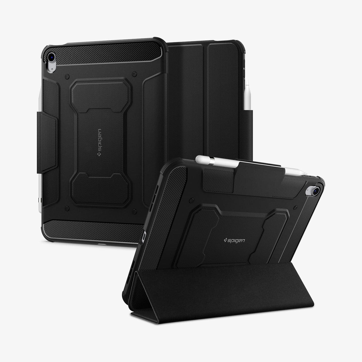 ACS05417 - iPad 10.9" Case Rugged Armor Pro in black showing the back, front and device propped up by built in kickstand