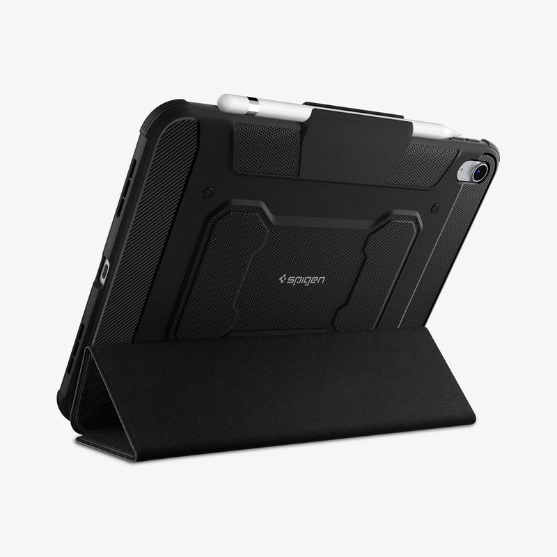 ACS05417 - iPad 10.9" Case Rugged Armor Pro in black showing the back with device propped up by built in kickstand