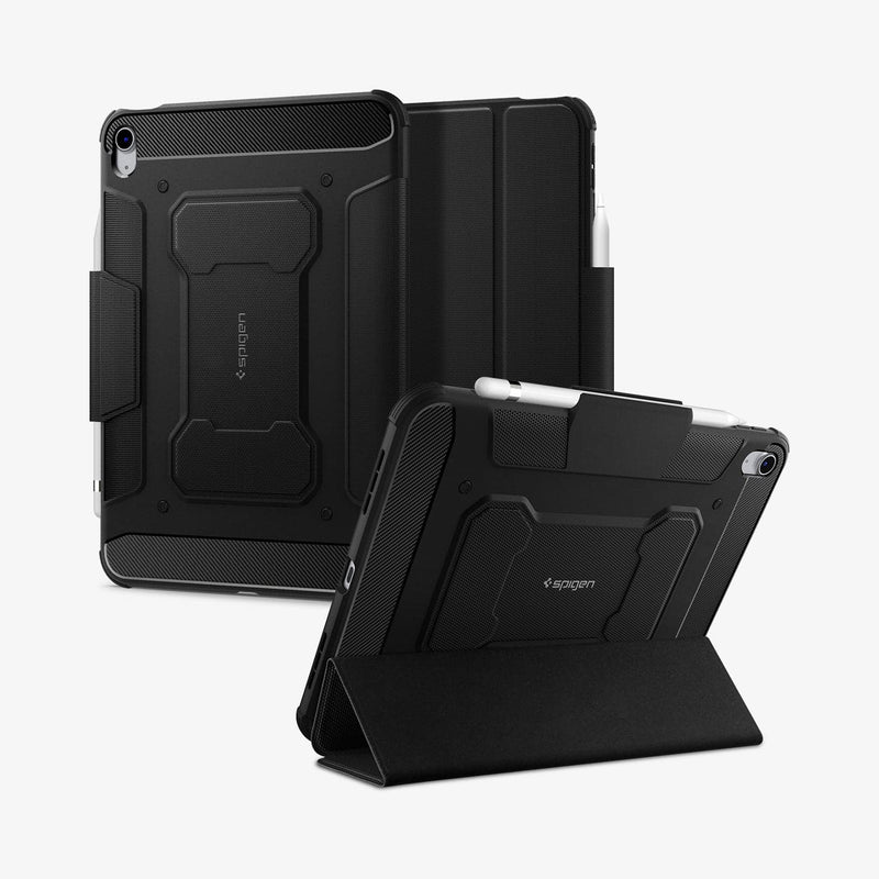 ACS05417 - iPad 10.9" Case Rugged Armor Pro in black showing the back, front and device propped up by built in kickstand