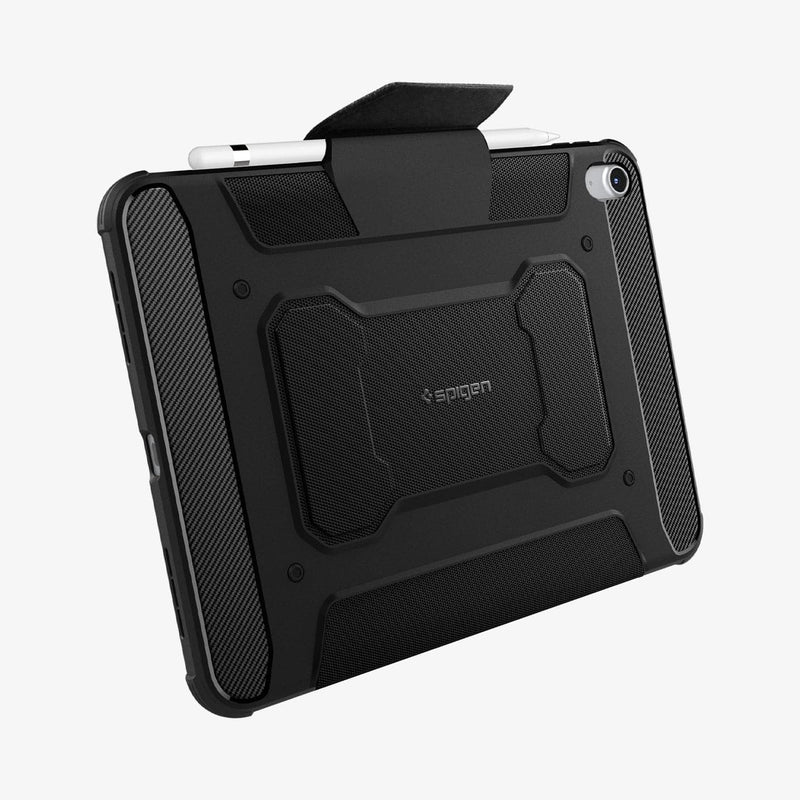 ACS05417 - iPad 10.9" Case Rugged Armor Pro in black showing the back and bottom with cover flap slightly open