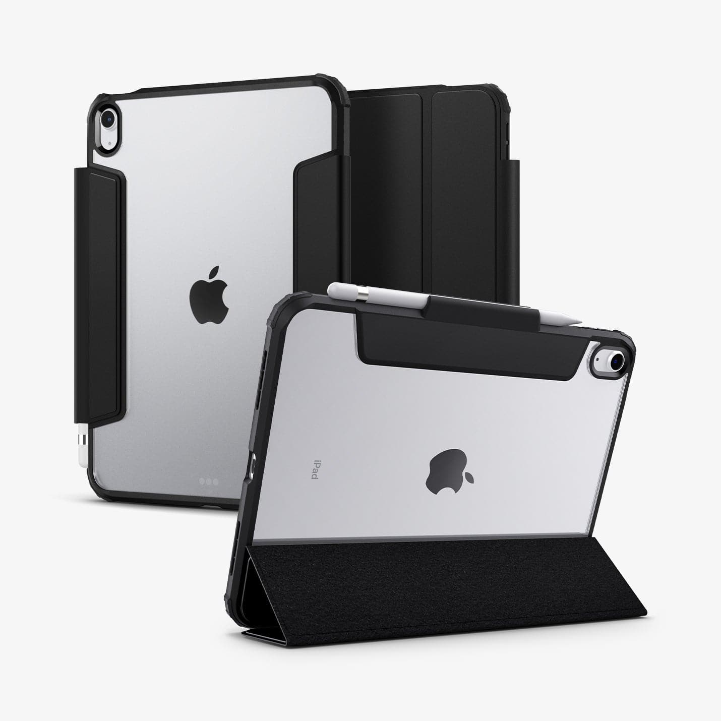 ACS05416 - iPad 10.9" Case Ultra Hybrid Pro in black showing the back, front and device propped up by built in kickstand