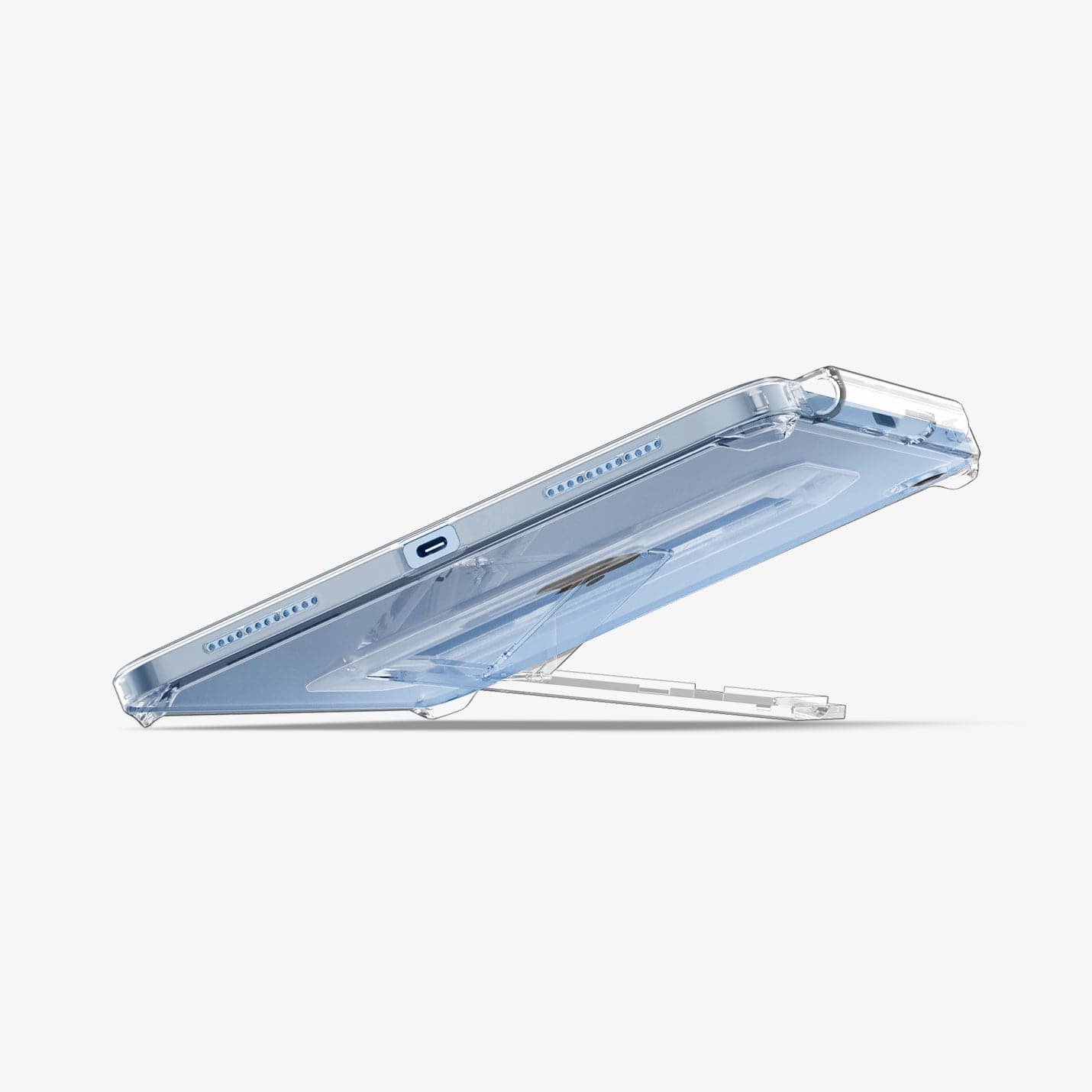 ACS05419 - iPad 10.9" Case Air Skin Hybrid S in crystal clear showing the bottom with device propped up by built in kickstand