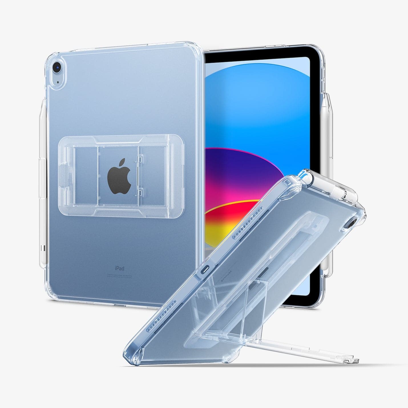 ACS05419 - iPad 10.9" Case Air Skin Hybrid S in crystal clear showing the back, front and device propped up by built in kickstand