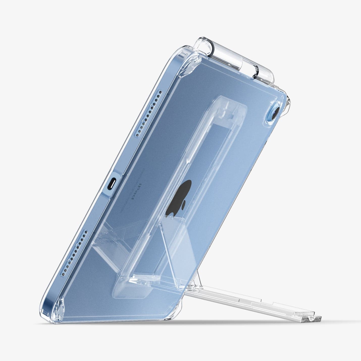 ACS05419 - iPad 10.9" Case Air Skin Hybrid S in crystal clear showing the back and bottom with device propped up by built in kickstand
