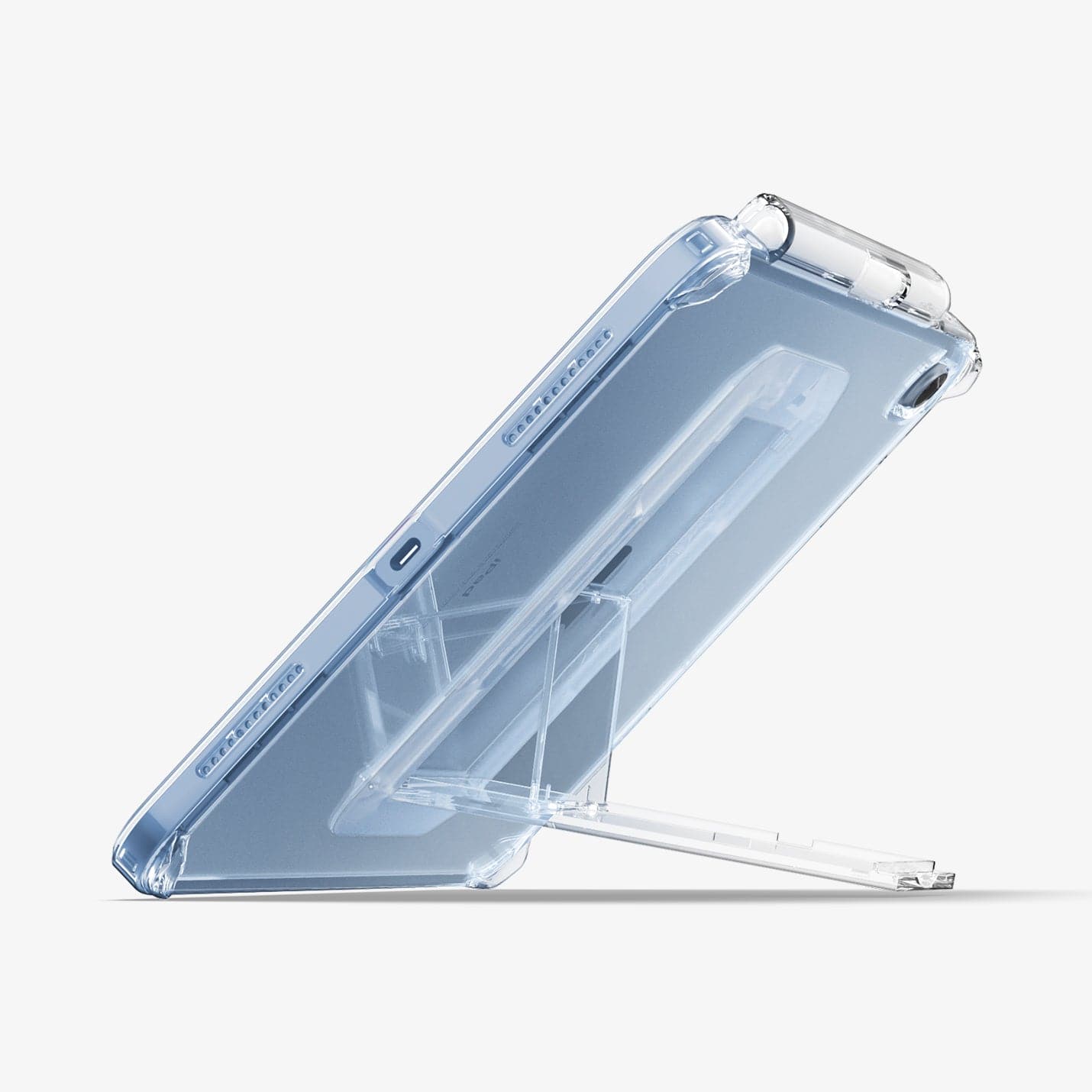 ACS05419 - iPad 10.9" Case Air Skin Hybrid S in crystal clear showing the bottom and partial back with device propped up by built in kickstand