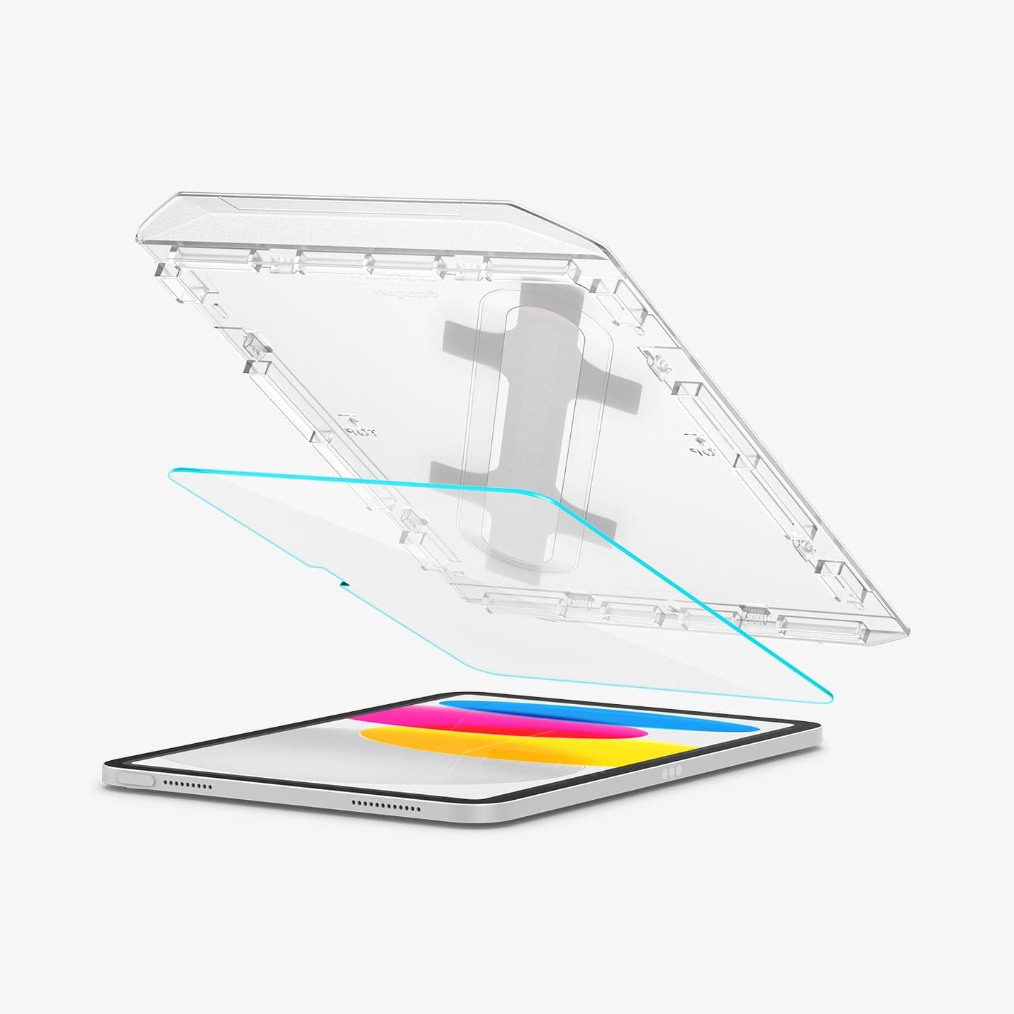 AGL05554 - iPad 10.9" Screen Protector EZ FIT GLAS.tR showing the screen protector and ez fit tray  being installed onto device
