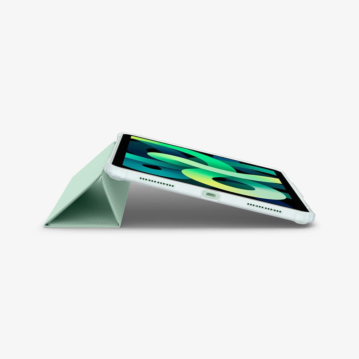 ACS02700 - iPad Air 10.9" (2022 / 2020) Case Ultra Hybrid Pro in green showing the bottom and partial front with device propped up by built in kickstand