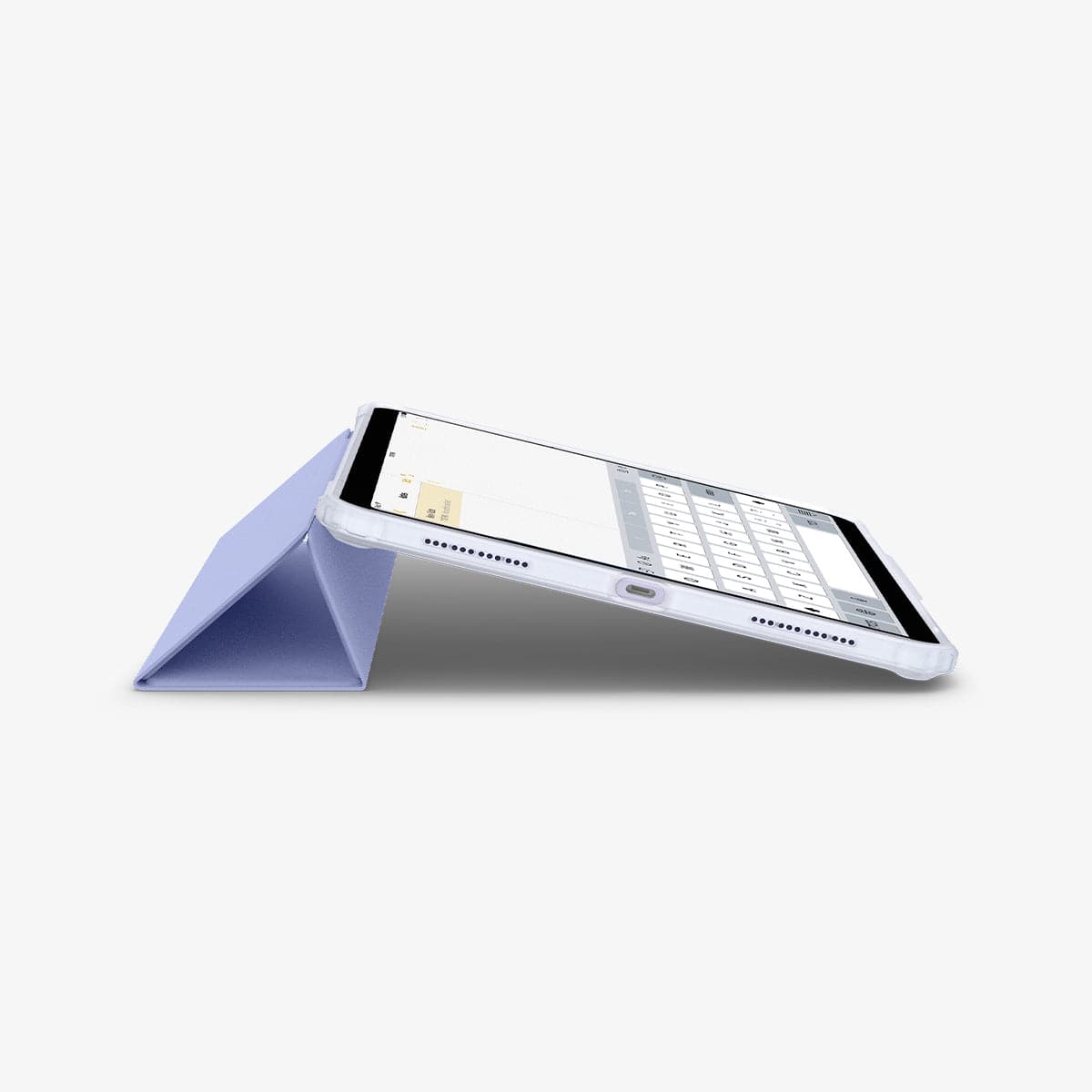 ACS04567 - iPad Air 10.9" (2022 / 2020) Case Ultra Hybrid Pro in lavender showing the bottom and partial front with device propped up by built in kickstand