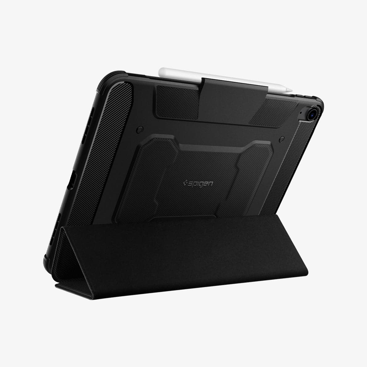 ACS02054 - iPad Air 10.9" (2022 / 2020) Case Rugged Armor Pro in black showing the back and bottom. Tablet propped up horizontally with case