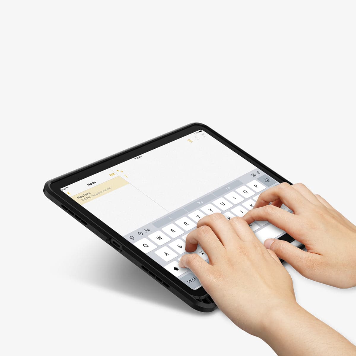 ACS02051 - iPad Air 10.9" (2022 / 2020) Case Tough Armor Pro in black showing hands typing on screen with device propped up by built in kickstand