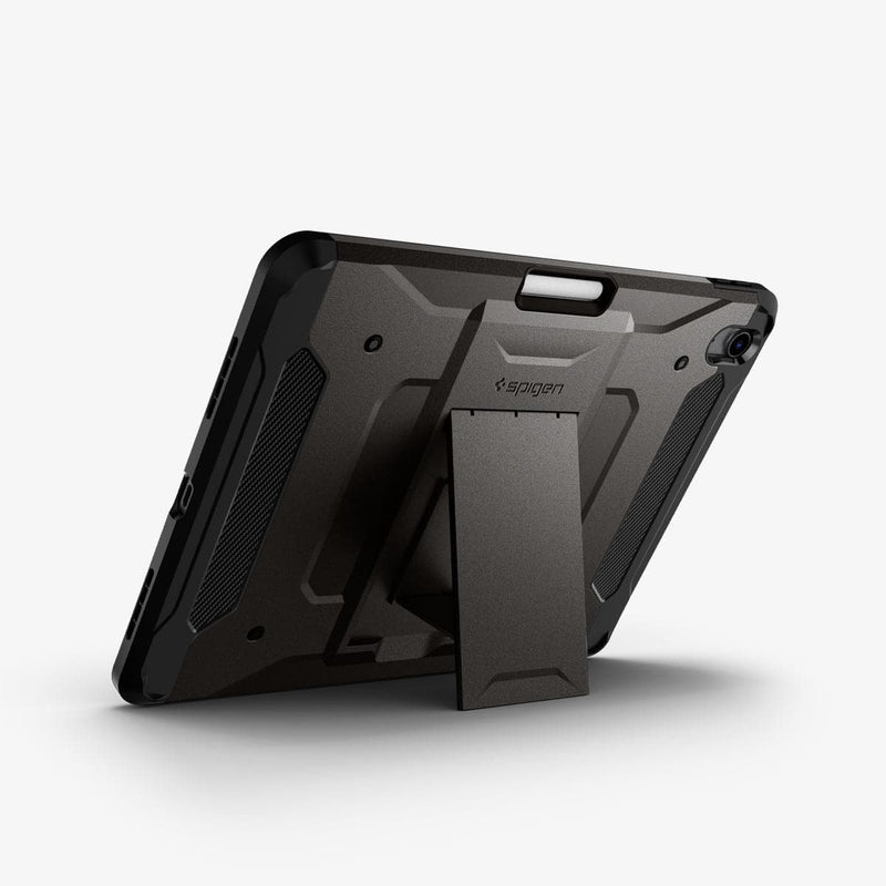 ACS02052 - iPad Air 10.9" (2022 / 2020) Case Tough Armor Pro in gunmetal showing the back with device propped up by built in kickstand