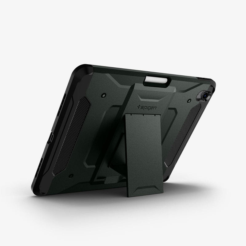 ACS02053 - iPad Air 10.9" (2022 / 2020) Case Tough Armor Pro in military green showing the back with device propped up by built in kickstand