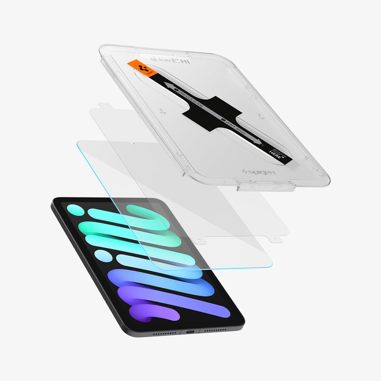 AGL03824 - iPad Mini 6 Screen Protector EZ FIT GLAS.tR showing the device, screen protector and ez fit tray