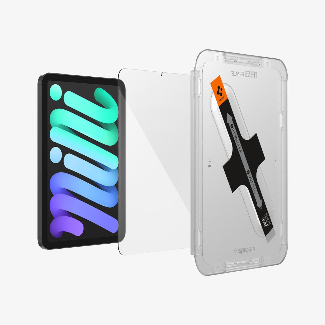 AGL03824 - iPad Mini 6 Screen Protector EZ FIT GLAS.tR showing the ez fit tray and screen protector hovering in front of device