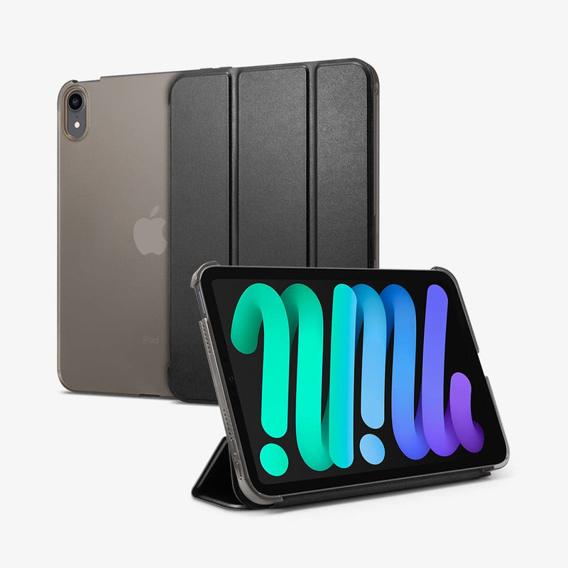 ACS03763 - iPad Mini 6 Case Smart Fold in black showing the back, front and device propped up by built in kickstand