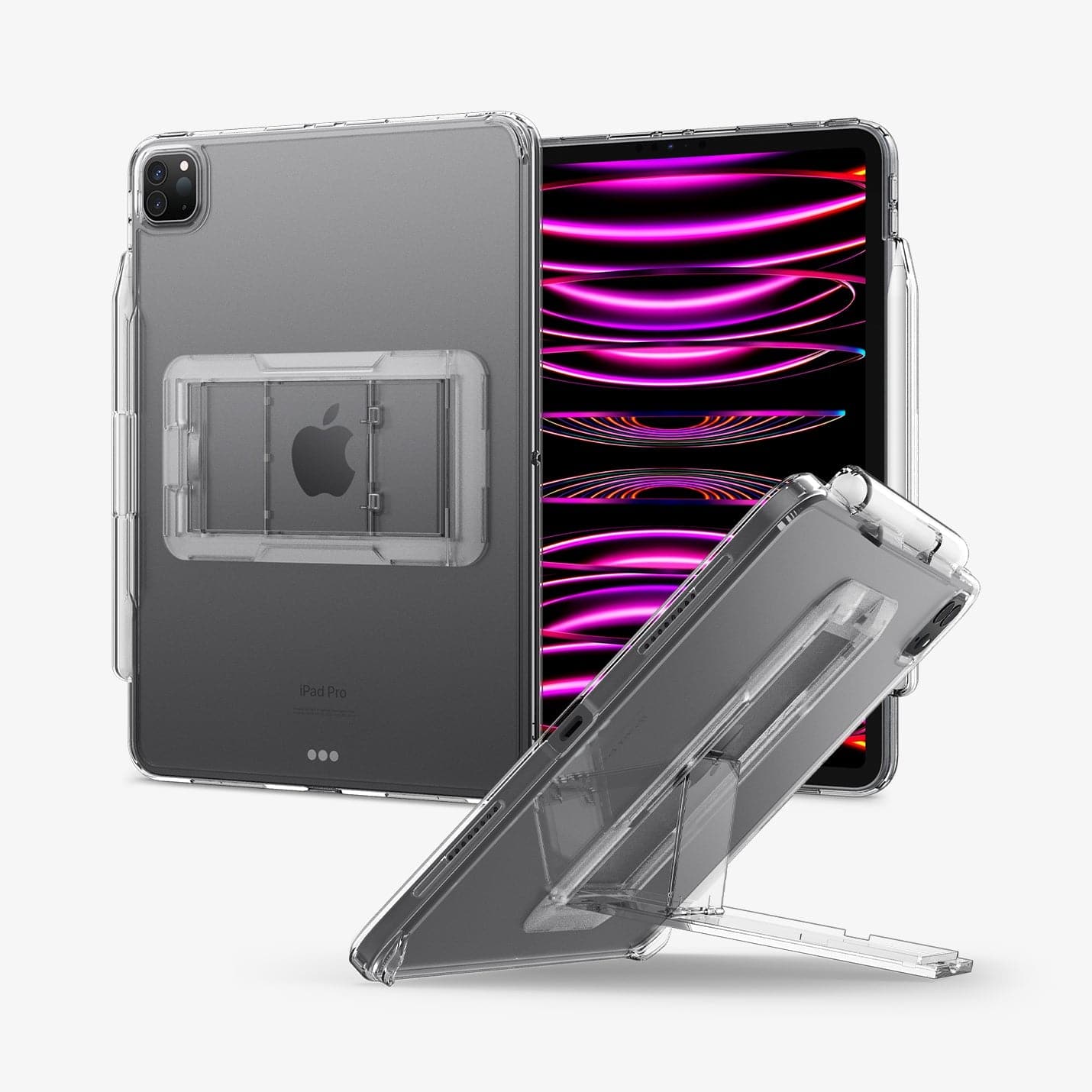 ACS05448 - iPad Pro 11" Case Air Skin Hybrid S in crystal clear showing the back, front and device propped up by built in kickstand