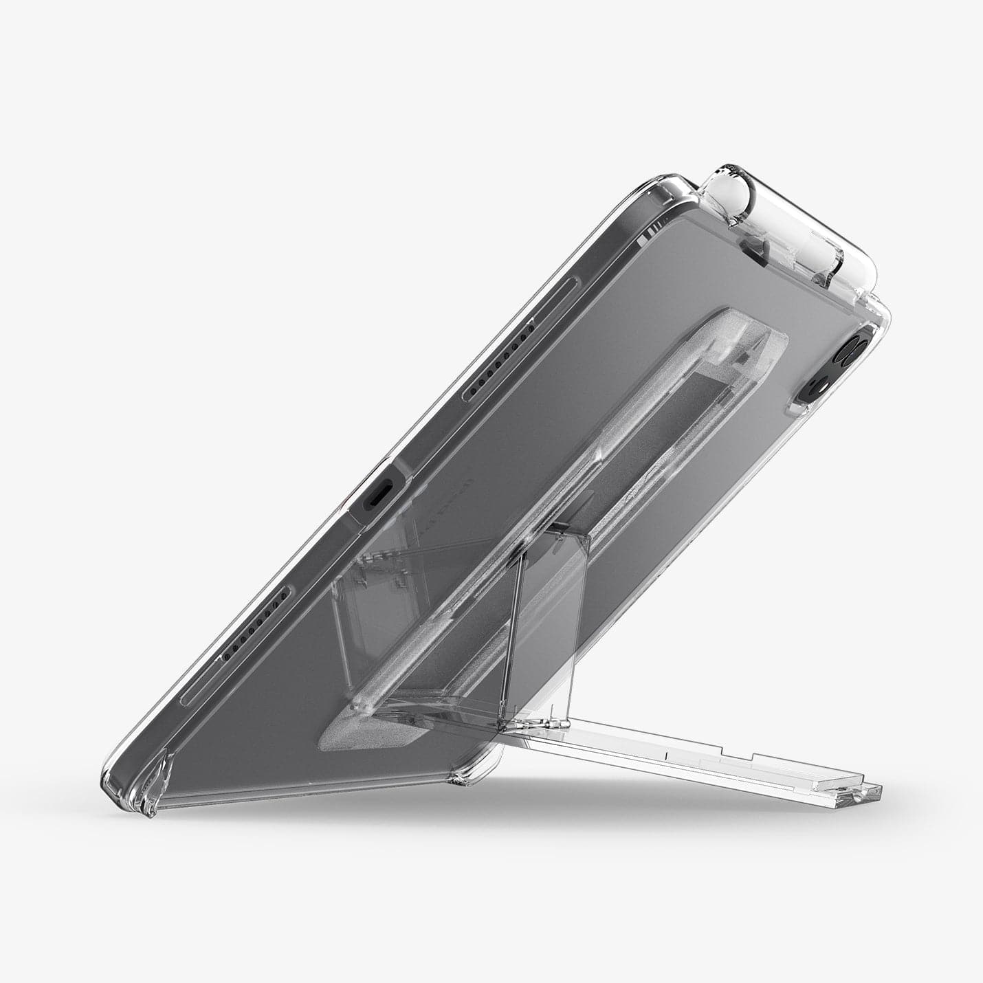 ACS05448 - iPad Pro 11" Case Air Skin Hybrid S in crystal clear showing the back and bottom with device device propped up slightly by built in kickstand